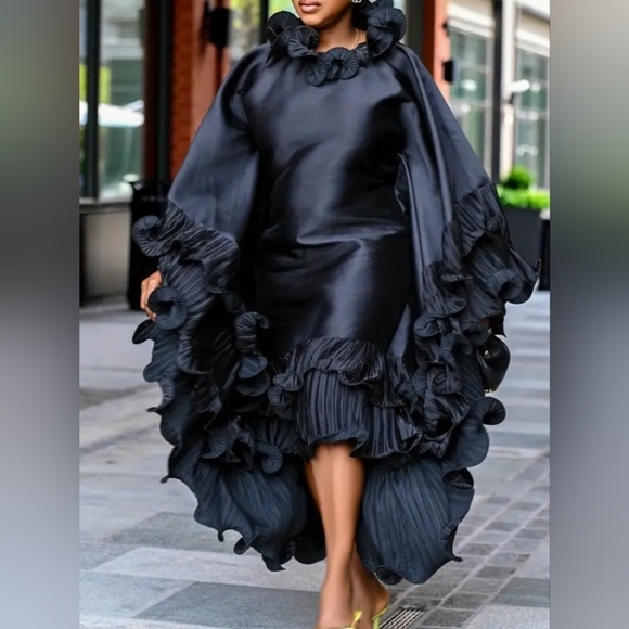 Temu Dresses & Skirts - Women's Elegant Ruffled Cape Dress, 3-Dimensional Ruffle Design, Satin Material.